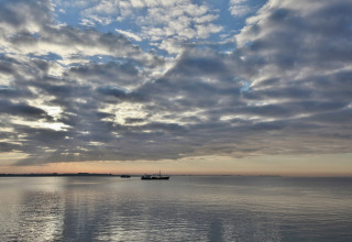 Skyet morgenscene ved stranden og både, set fra Water Resort Oosterschelde 46 i Holland.