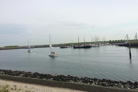 Både sejler ved en marina med flere fortøjede både, stenmole og grøn baggrund ved en lodge.