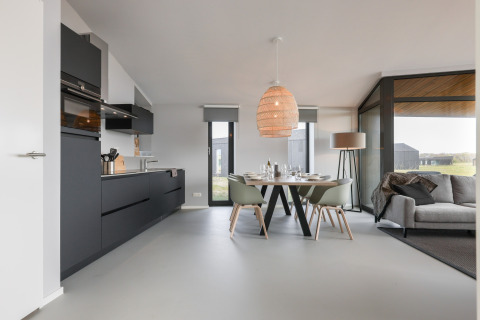 Moderne spisestue og køkken i lodge Heerlijkheid Vlietenburg 1, med store vinduer og naturligt lys.