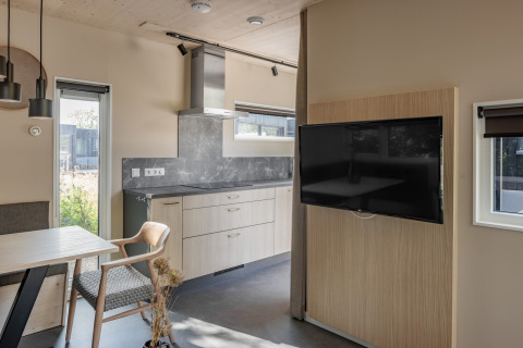 Moderne lodgekøkken og opholdsområde på Noordzee Résidence De Banjaard 23 i Holland med tv og spisebord.