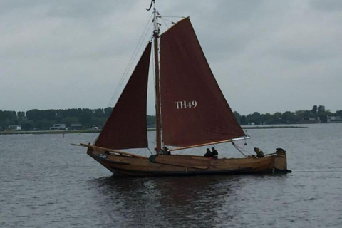 Traditionel sejlbåd med brune sejl på en sø nær Noordzee Résidence De Banjaard 23 i Holland, overskyet dag.