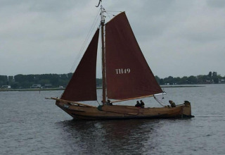 Traditionel sejlbåd med brune sejl på en sø nær Noordzee Résidence De Banjaard 23 i Holland, overskyet dag.