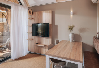 Heldere, moderne leefruimte met eettafel, tv en hangstoel in Beach Resort Nieuwvliet-Bad 17, Nederland.