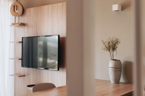 Moderne stue i et lille hus med træpanel, vægmonteret tv, dekorative hylder og vase i Beach Resort Nieuwvliet-Bad.