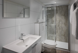 Moderne badeværelse i et tiny house på Beach Resort Nieuwvliet-Bad 17 med brusekabine og spejl.