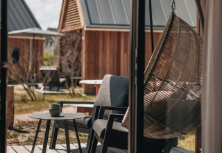 Udendørs opholdsområde med hængestol og havemøbler ved Beach Resort Nieuwvliet-Bad 17 i Holland.