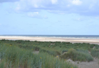 Vue d’un hébergement glamping sur des dunes herbeuses, une plage de sable et la mer sous un ciel clair.