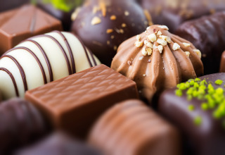Selección de bombones y chocolates variados en primer plano, ideales para un capricho elegante en glamping.