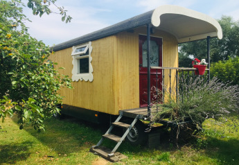 Mobilhjemmet Pipowagen de Weideblick i en grøn have med blomsterpotte på verandaen og trappeopgang.