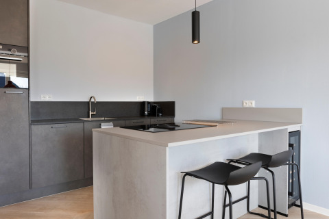 Cucina moderna al Resort Nieuwvliet-Bad 13 nei Paesi Bassi con ampio bancone e sgabelli minimalisti.