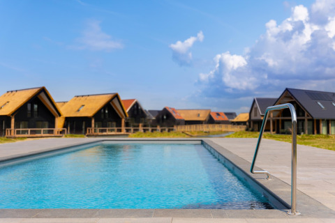 Piscina all'aperto davanti ai lodge moderni del Resort Nieuwvliet-Bad 13 nei Paesi Bassi sotto cielo sereno.