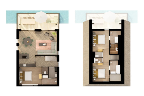 Planimetria del lodge Resort Nieuwvliet-Bad 13 nei Paesi Bassi, due livelli con camere da letto e soggiorni.