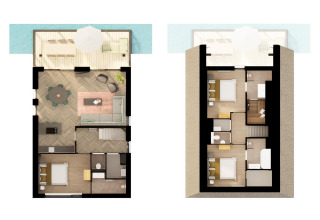 Planimetria del lodge Resort Nieuwvliet-Bad 13 nei Paesi Bassi, due livelli con camere da letto e soggiorni.