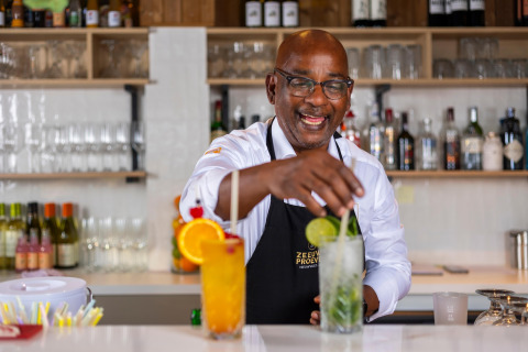 Barista al Resort Nieuwvliet-Bad 13 nei Paesi Bassi, sorridente mentre prepara cocktail dietro il bancone.