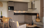 Modern kitchen and living room at Holiday Park Zeebad 14 in the Netherlands, featuring stylish decor and furniture.