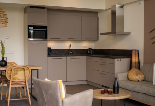 Cuisine et salon modernes du Holiday Park Zeebad 14 aux Pays-Bas, avec une décoration chaleureuse et contemporaine.