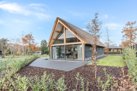 Moderne lodge med stråtag og store vinduer i Park de Kievit 22 omgivet af grønne omgivelser.
