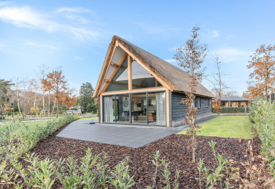 Moderne lodge med stråtag og store vinduer i Park de Kievit 22 omgivet af grønne omgivelser.
