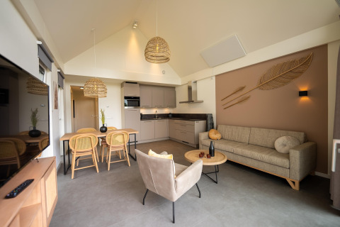 Soggiorno e cucina moderni nella lodge Holiday Park Zeebad 14 nei Paesi Bassi, arredamento elegante e naturale.