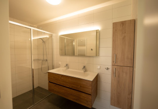 Baño moderno con ducha de vidrio, doble lavabo, espejo grande y armarios de madera en Zeebad 14, Países Bajos.
