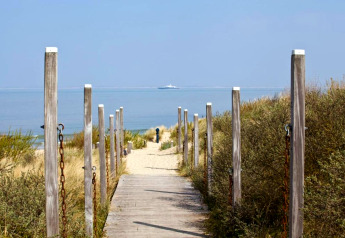 A wooden walkway leads through dunes and bushes toward the beach with sea view and distant boat.