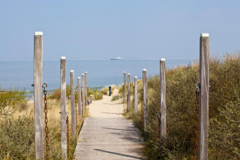 Træsti leder gennem klitter og bevoksning mod stranden med havudsigt og en båd i det fjerne.