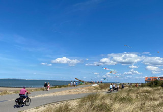 Des gens marchent et font du vélo près de Holiday Park Zeebad 14 aux Pays-Bas, avec des cerfs-volants colorés.