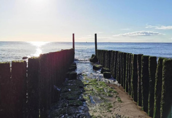 Sunrise at Holiday Park Zeebad 14, Netherlands, with mossy posts stretching into the North Sea shoreline.