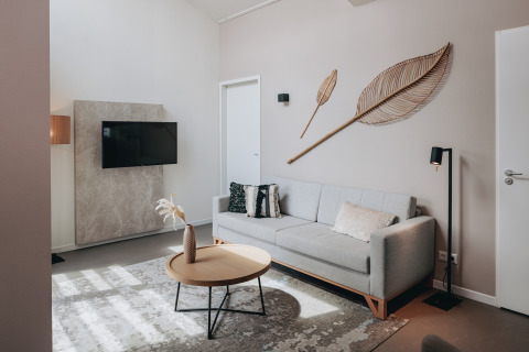 Modernes Wohnzimmer im Holiday Park Zeebad 11, Niederlande, mit Sofa, TV und Wanddekoration.