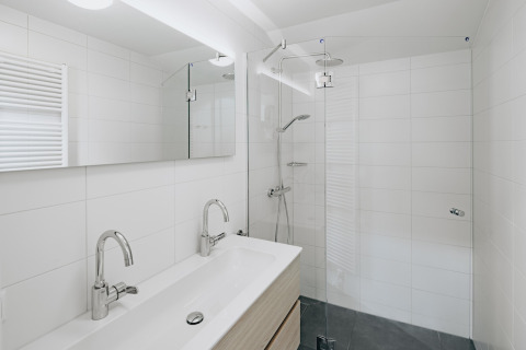 Moderne badeværelse med dobbelthåndvask, brusekabine og stort spejl i Holiday Park Zeebad 11, Holland.