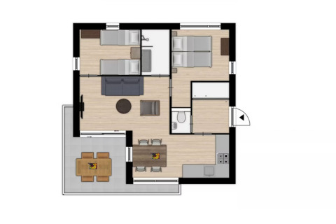 Plano de una cabaña en Holiday Park Zeebad 11 en los Países Bajos mostrando sala, cocina y dos dormitorios.
