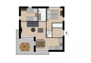 Planimetria di una lodge presso Holiday Park Zeebad 11 nei Paesi Bassi, con soggiorno, cucina e due camere.