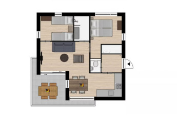 Floor plan of a lodge at Holiday Park Zeebad 11 in the Netherlands, showing living room, kitchen, and two bedrooms.