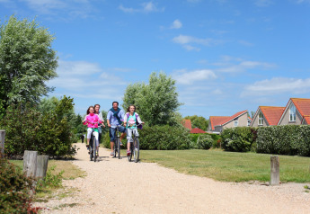A family rides bicycles together on a gravel path near lodges and greenery under a bright blue sky.