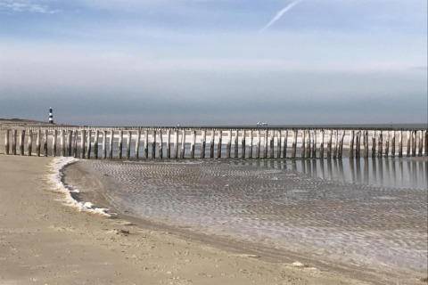 Strandbillede med stolper langs kysten, lavvande og et fyrtårn i det fjerne under en klar himmel.