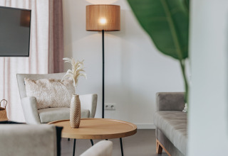 Modern lounge at Holiday Park Zeebad 12, Netherlands, featuring cozy armchairs, a lamp, and elegant decor.