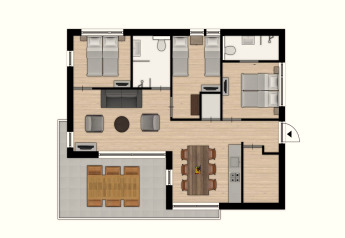 Floor plan of a cozy holiday lodge with three bedrooms, two bathrooms, kitchen, living and dining areas.
