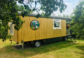 Casa móvil Pipowagen de Weideblick en Países Bajos, rodeada de árboles y césped en un día soleado.