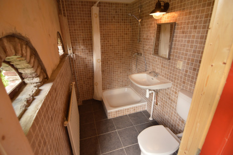 Bagno nella casa mobile Pipowagen 'de Weideblick' nei Paesi Bassi con doccia e pareti piastrellate.