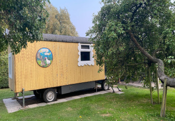 Casa móvil Pipowagen «de Weideblick» en los Países Bajos, aparcada en un jardín verde bajo un árbol.