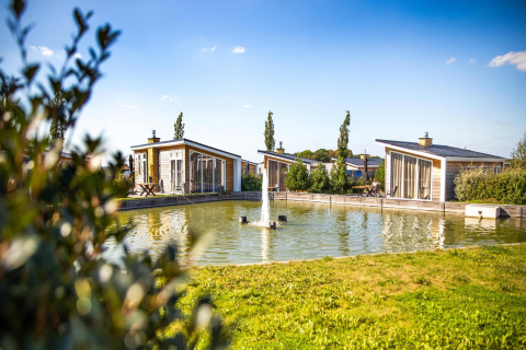 Lodge soleggiati vicino a uno stagno con fontana al Biebosch Sunshower, circondati dal verde.