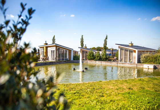 Lodge soleggiati vicino a uno stagno con fontana al Biebosch Sunshower, circondati dal verde.