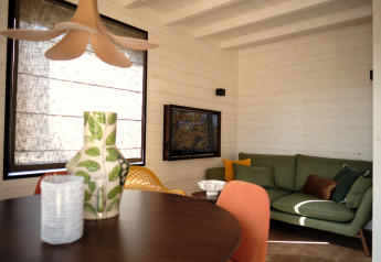 Salon moderne au Resort Gulpen 3 aux Pays-Bas avec canapé vert, murs en bois et décoration chaleureuse.