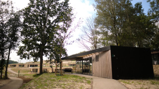 Modern wooden lodge at Resort Gulpen 1 surrounded by trees, natural landscape, and walking paths on a sunny day.