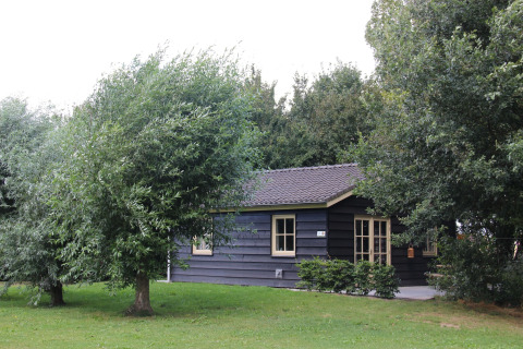 Een houten huisje omringd door bomen en gras bij Holiday Home 3 Aarde Green Camping Lage Zwaluwe, Nederland.