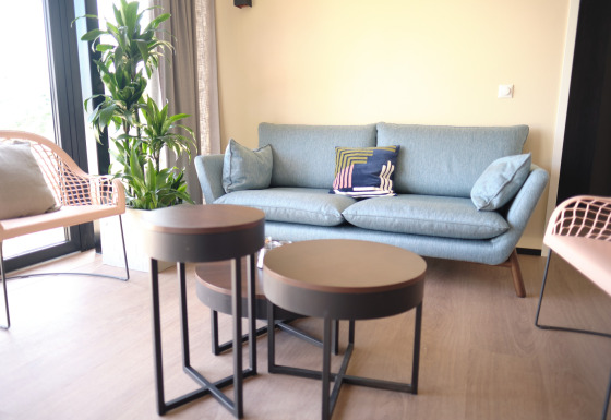 Knusse woonkamer in Resort Gulpen 5 met blauwe zetel, groene planten en moderne tafeltjes.