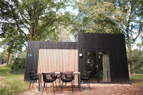 Moderne zwarte houten lodge met tuinmeubilair bij Resort Gulpen 6, omgeven door natuur in Nederland.