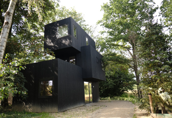 Lodge moderne noir Resort Gulpen 8, entouré d’arbres, situé au bord d’un chemin en pleine forêt.