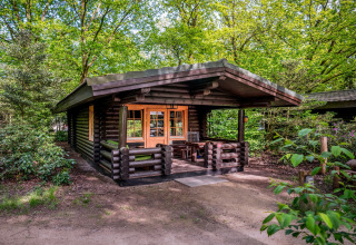 Log cabin in the woods, Park Duc de Brabant 3, Netherlands, surrounded by lush trees and greenery