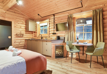 Interno chalet accogliente con pareti in legno, letto e cucina al Park Duc de Brabant 3, Paesi Bassi.
